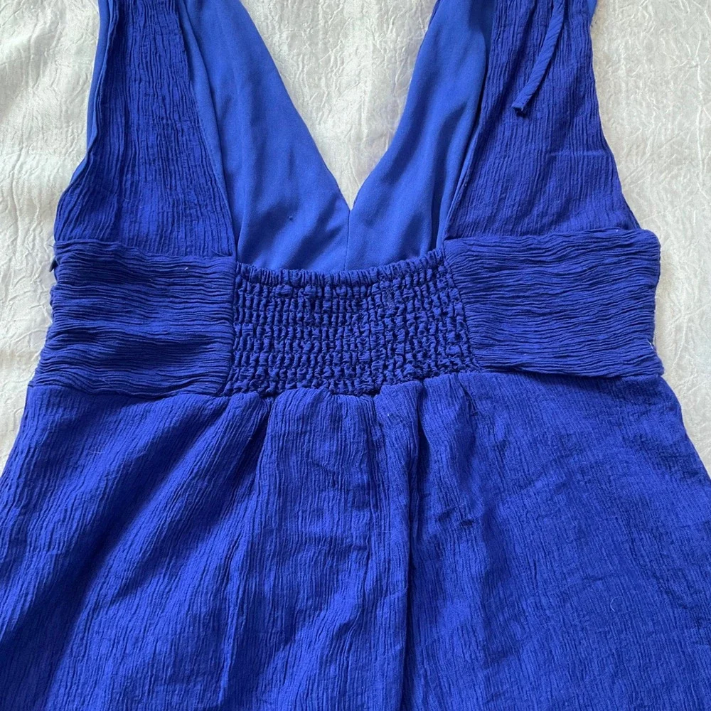 One Clothing Royal Blue Crinkle Plunging Romper Tie Shoulder Open Back Smocked M